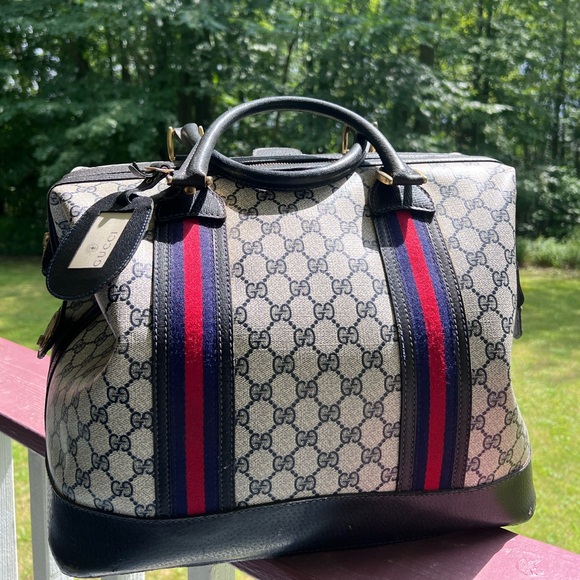 RARE Vintage 1950s/60s GUCCI Doctor Overnight Duffle Bag Web Navy GG Monogram - Picture 5 of 9